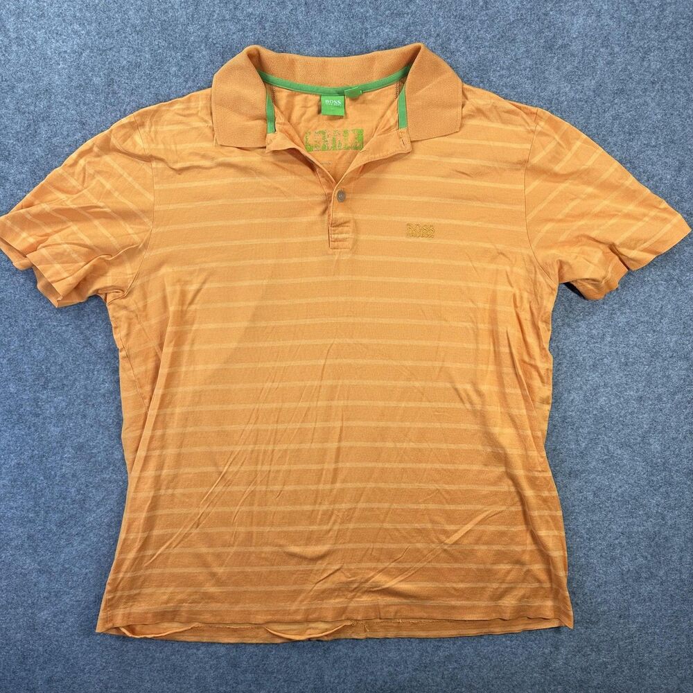 BOSS Hugo Boss Polo Shirt Mens Medium Orange Stripe Made In Italy Casual Cotton